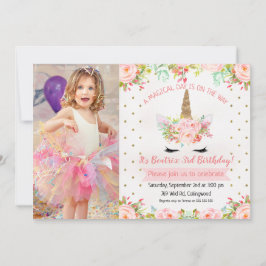 Invitación de cumpleaños de chicas Floral Unicorni