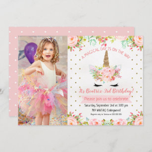 Invitación de cumpleaños de chicas Floral Unicorni