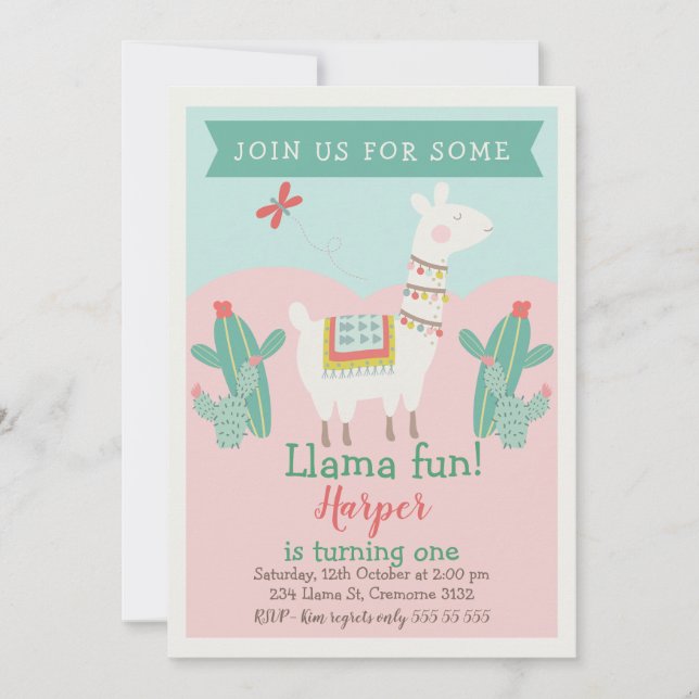 Invitación de cumpleaños de chicas Llama Cactus (Anverso)
