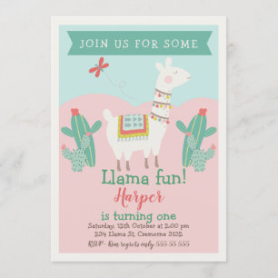 Invitación de cumpleaños de chicas Llama Cactus