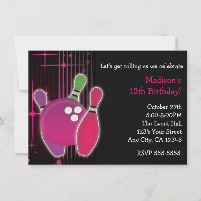Invitación de cumpleaños de chicas para bolos de b (Anverso)