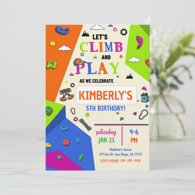 Invitación de cumpleaños de chicas para escalar en (Anverso de pie)
