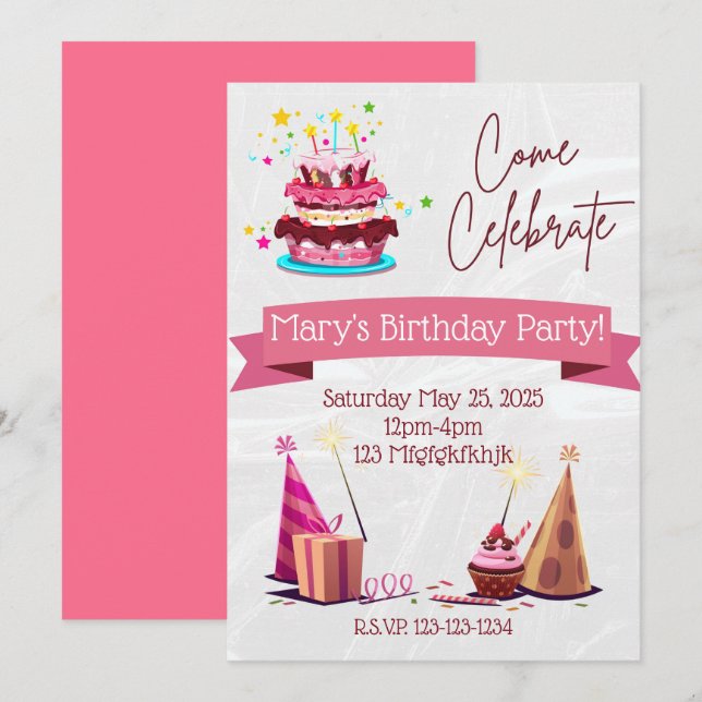 Invitación de cumpleaños de Chicas personalizados (Anverso / Reverso)