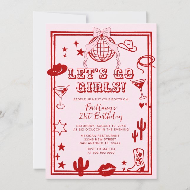 Invitación de cumpleaños de chicas 'Red Let's Go' (Anverso)