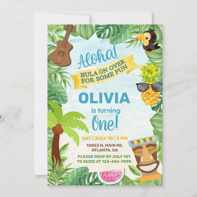 Invitación de cumpleaños de chico de playa tropica (Anverso)