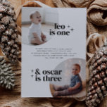 Invitación de cumpleaños de chicos conjuntos con a<br><div class="desc">Una moderna invitación conjunta de cumpleaños con espacio para añadir 2 fotos propias. Tendrá que asegurarse de mover la foto a la capa debajo de la capa "máscara" para que esté detrás de las formas.</div>