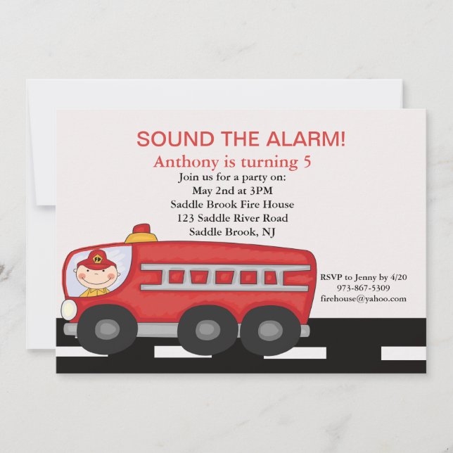 Invitación de cumpleaños de chicos de camión rojo (Anverso)