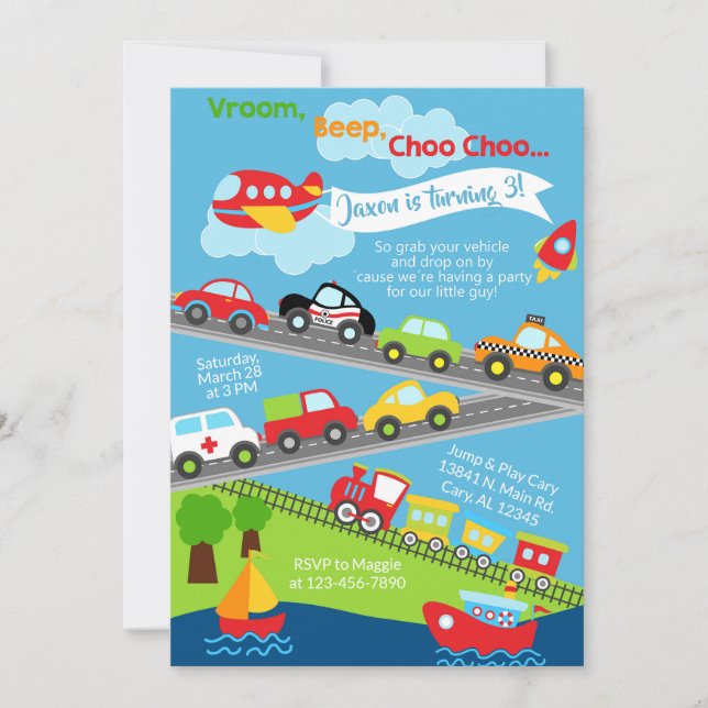 Invitación de cumpleaños de chicos de los vehículo (Anverso)