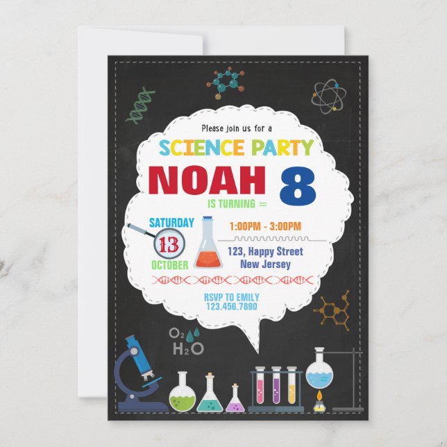 Invitación de cumpleaños de ciencia (Anverso)
