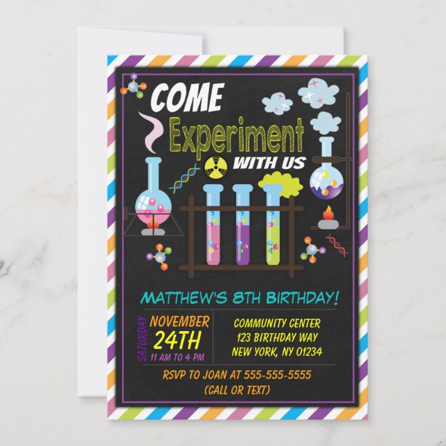Invitación de cumpleaños de ciencia para un niño (Anverso)
