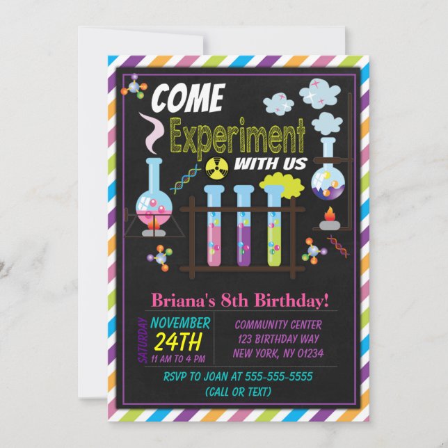 Invitación de cumpleaños de ciencia para una niña (Anverso)