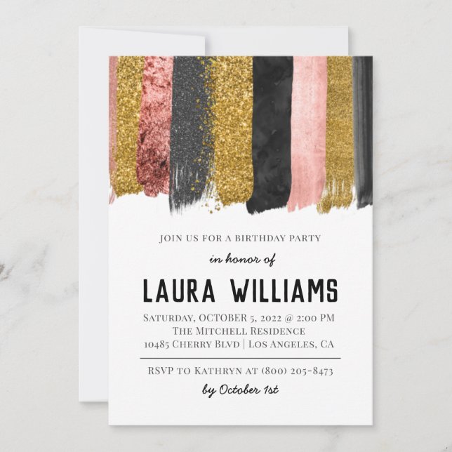 Invitación de cumpleaños de Cinta Negra y Oro de R (Anverso)