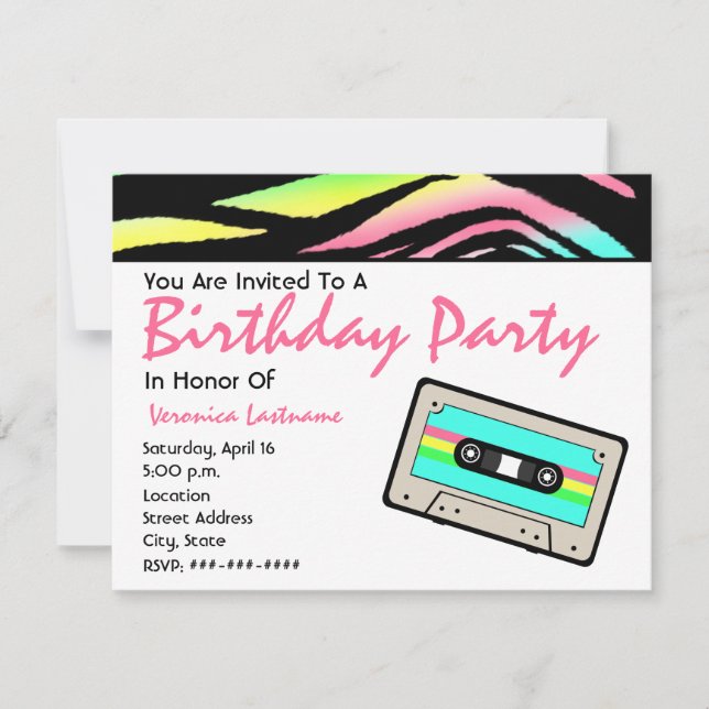 Invitación de cumpleaños de cinta Neon Zebra y Cas (Anverso)