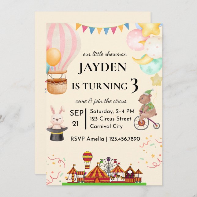 Invitación de cumpleaños de Circo editable (Anverso / Reverso)