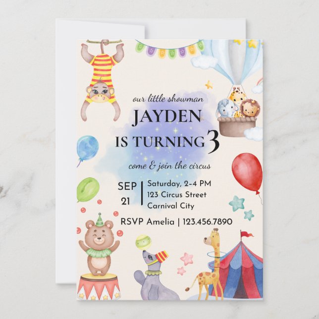 Invitación de cumpleaños de circo editable (Anverso)