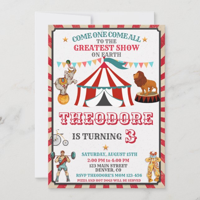 Invitación de cumpleaños de circo - Fiesta vintage (Anverso)