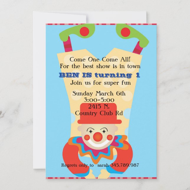 Invitación de cumpleaños de Circus Clow boca abajo (Anverso)