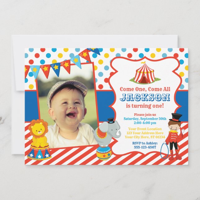 Invitación de cumpleaños de Circus con foto (Anverso)