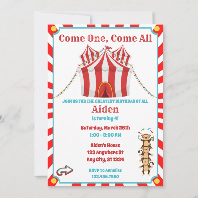 Invitación de cumpleaños de Circus para niños (Anverso)