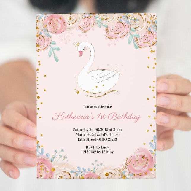 Invitación de cumpleaños de cisne rosa y dorado (Subido por el creador)