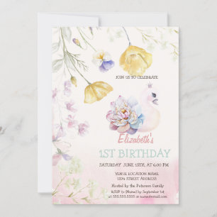 Invitación de cumpleaños de cisne y flores silvest