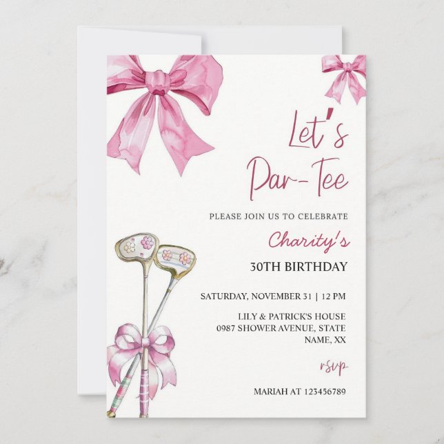 Invitación de cumpleaños de club de golf Pink Bow  (Anverso)