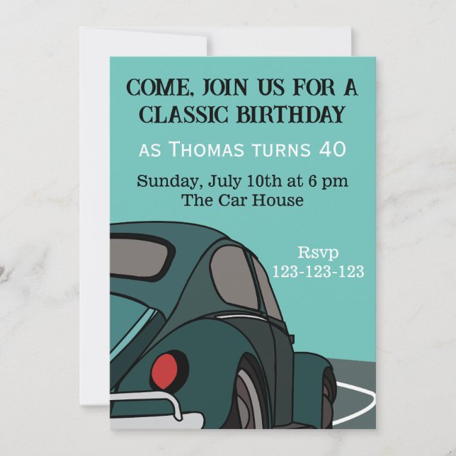 Invitación de cumpleaños de coche clásico azul (Anverso)