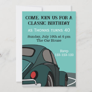 Invitación de cumpleaños de coche clásico azul