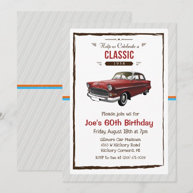Invitación de cumpleaños de coche clásico vintage  (Anverso / Reverso)