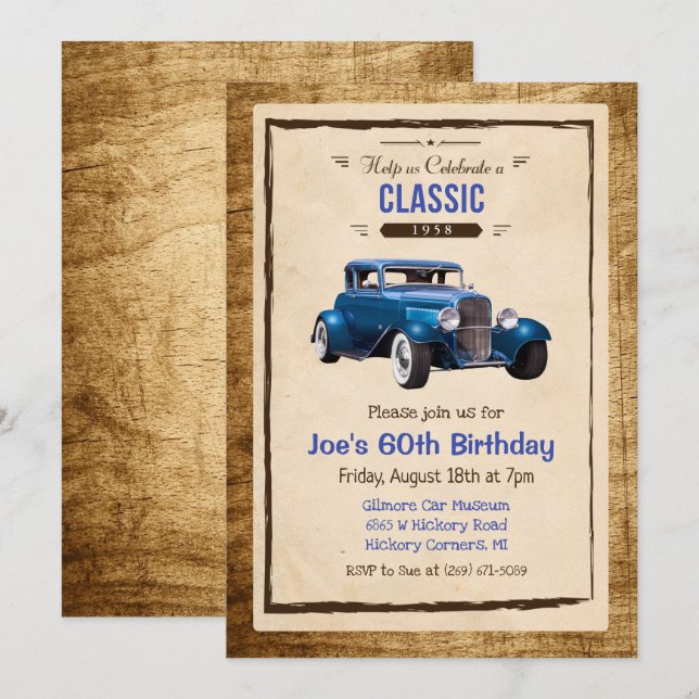 Invitación de cumpleaños de coche clásico vintage  (Anverso / Reverso)