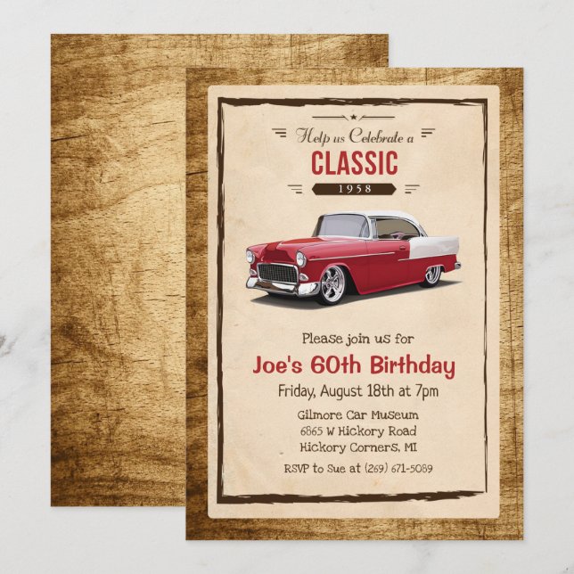 Invitación de cumpleaños de coche clásico vintage  (Anverso / Reverso)