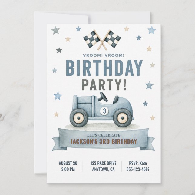Invitación de cumpleaños de coche de carreras (Anverso)