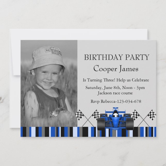 Invitación de cumpleaños de coche de carreras azul (Anverso)