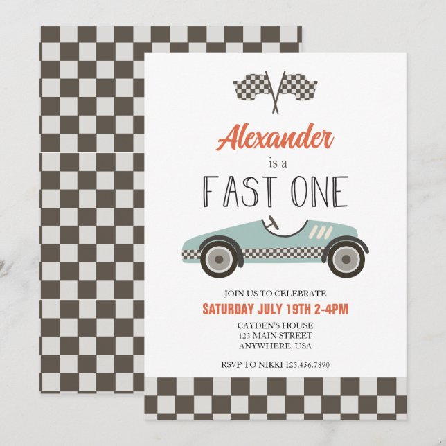 Invitación de cumpleaños de coche de carreras azul (Anverso / Reverso)