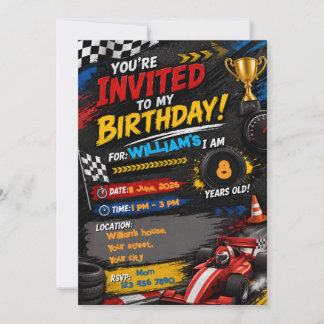 Invitación de cumpleaños de coche de carreras | P