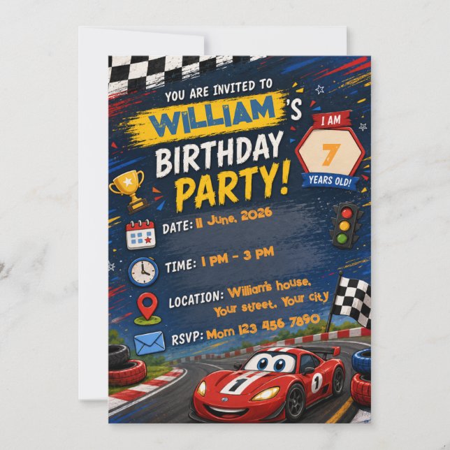 Invitación de cumpleaños de coche de carreras | P  (Anverso)