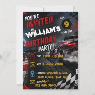 Invitación de cumpleaños de coche de carreras   P 
