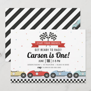 Invitación de cumpleaños de coche de carreras retr