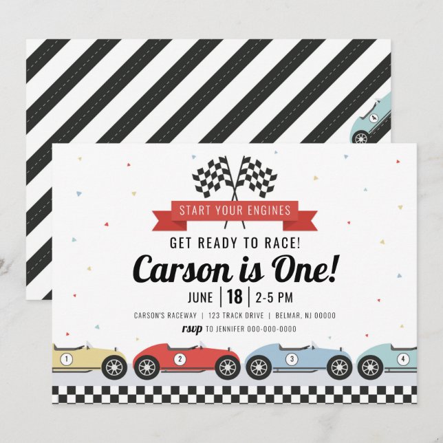 Invitación de cumpleaños de coche de carreras retr (Anverso / Reverso)