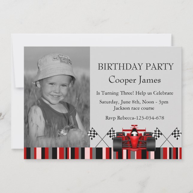 Invitación de cumpleaños de coche de carreras rojo (Anverso)