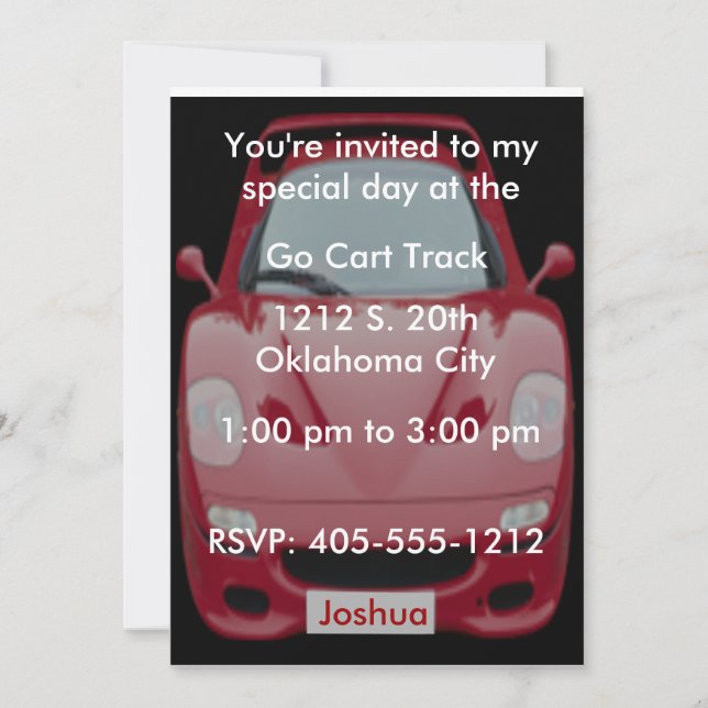Invitación de cumpleaños de coche de raza roja (Anverso)