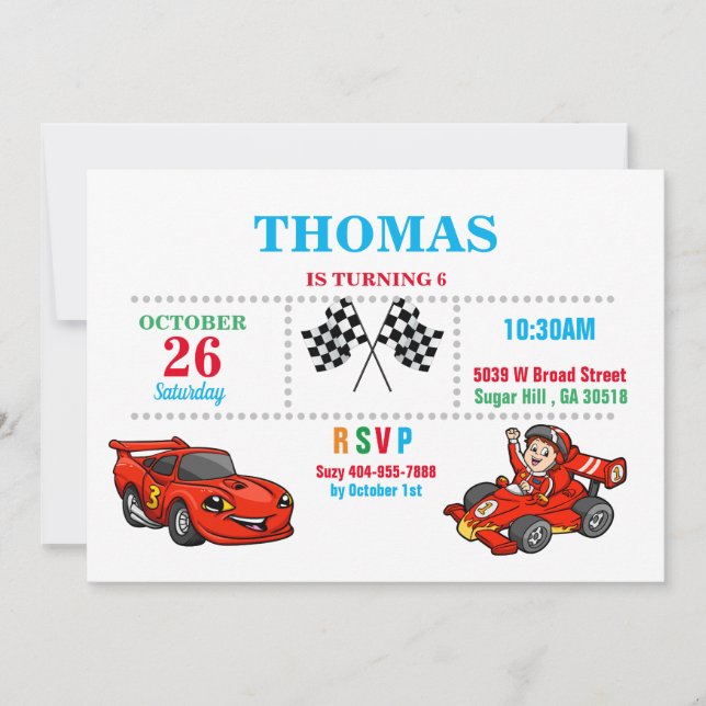 Invitación de cumpleaños de coche de raza roja (Anverso)