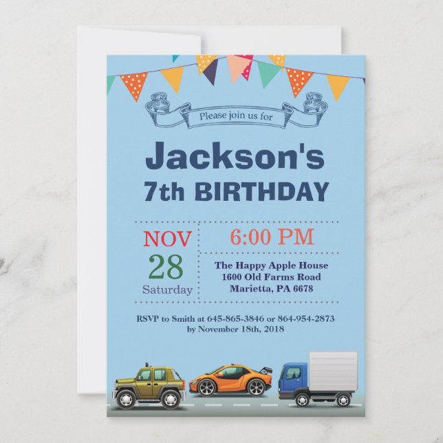 Invitación de cumpleaños de coche de transporte ca (Anverso)