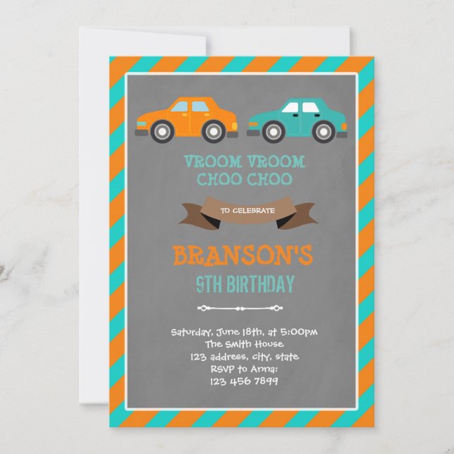 Invitación de cumpleaños de coche naranja y turque (Anverso)
