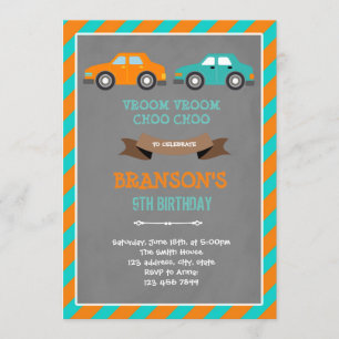 Invitación de cumpleaños de coche naranja y turque
