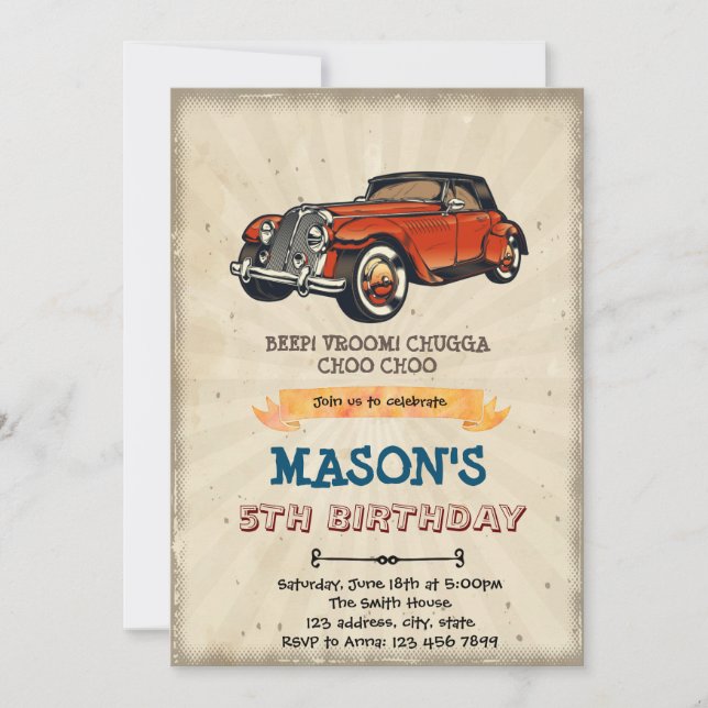 invitación de cumpleaños de coche vintage (Anverso)