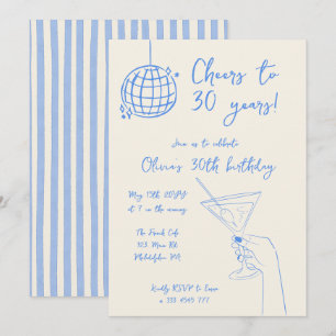 Invitación de cumpleaños de cóctel retro a rayas