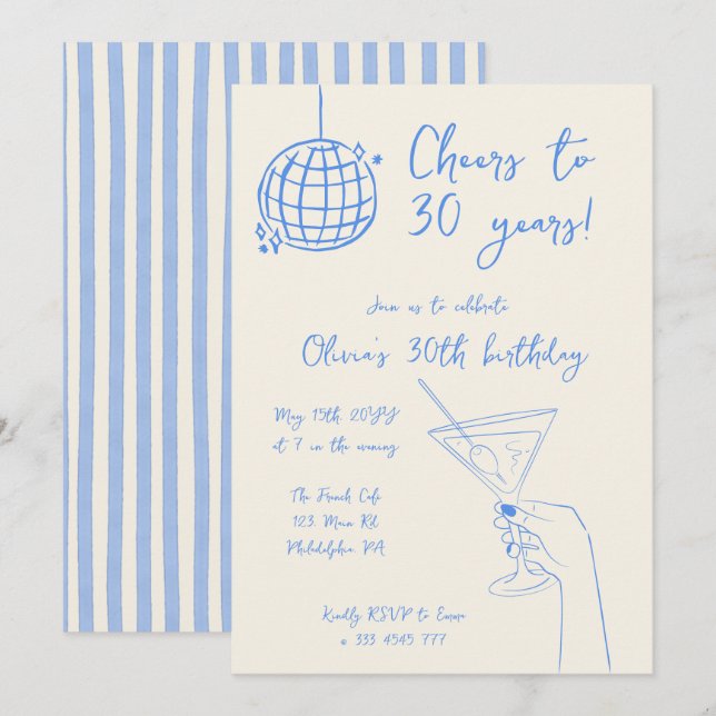 Invitación de cumpleaños de cóctel retro a rayas (Anverso / Reverso)