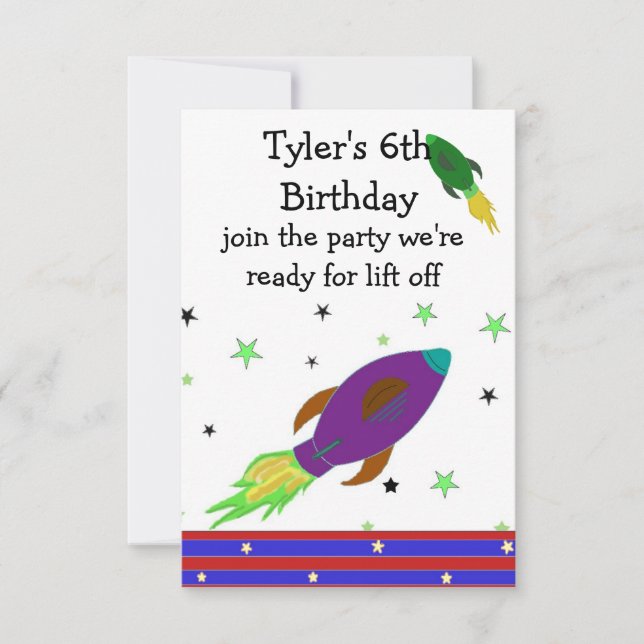 Invitación de cumpleaños de cohete espacial (Anverso)