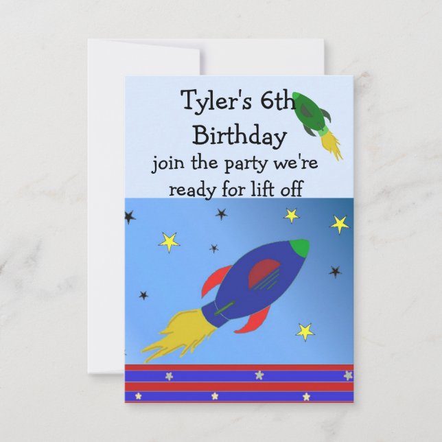 Invitación de cumpleaños de cohete espacial (Anverso)